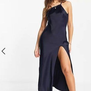 ASOS Navy Blue One Shoulder Drape Back Dress